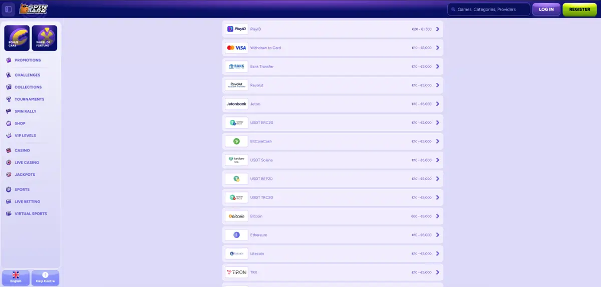 Spinbara casino withdrawal methods page showing e-wallet and crypto options for Australia Spinbara casino withdrawal methods page showing e-wallet and crypto options for Australia